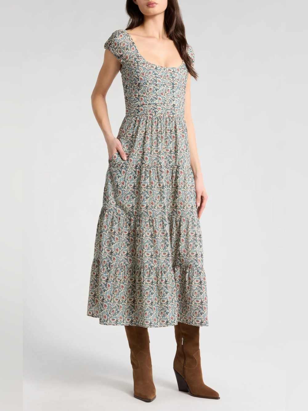 Paige || Machella Botanical Print Midi Dress Smocked Floral Blue Rust Beige 2